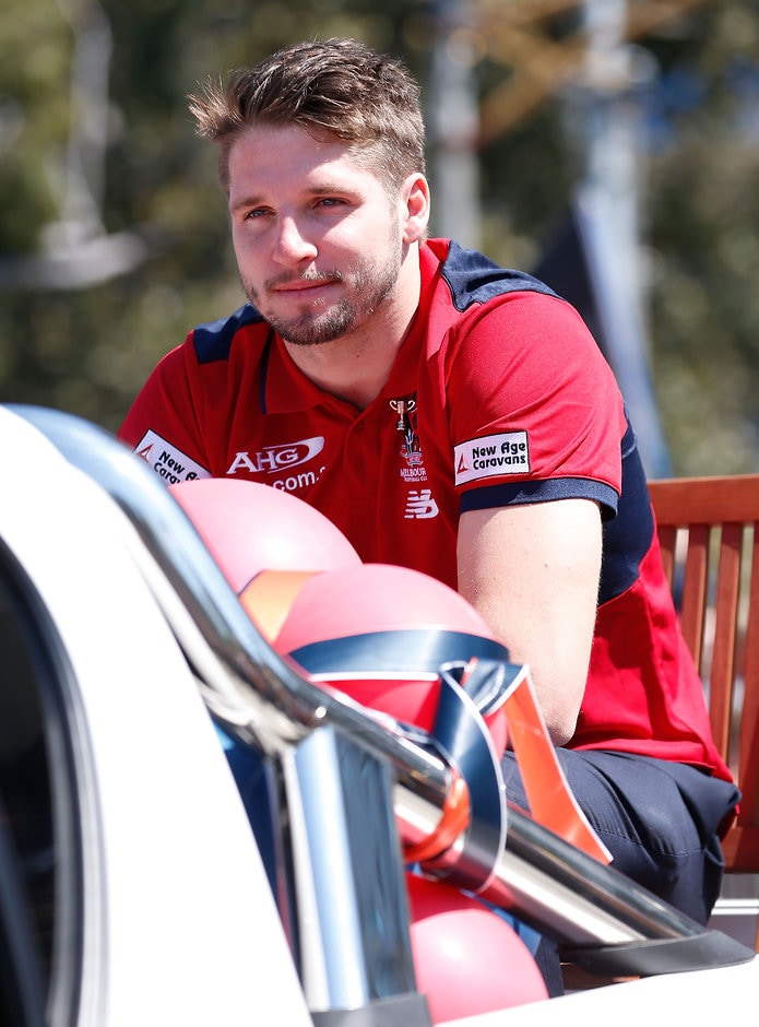 AFL 2015 Media - Toyota Grand Final Parade MELBOURNE, AUSTRALIA - OCTOBER 2: Rising Star Award winner Jesse Hogan of the Demons looks on during Toyota Grand Final Parade through Melbourne, Australia on October 2, 2015. (Photo by Adam Trafford/AFL Media)